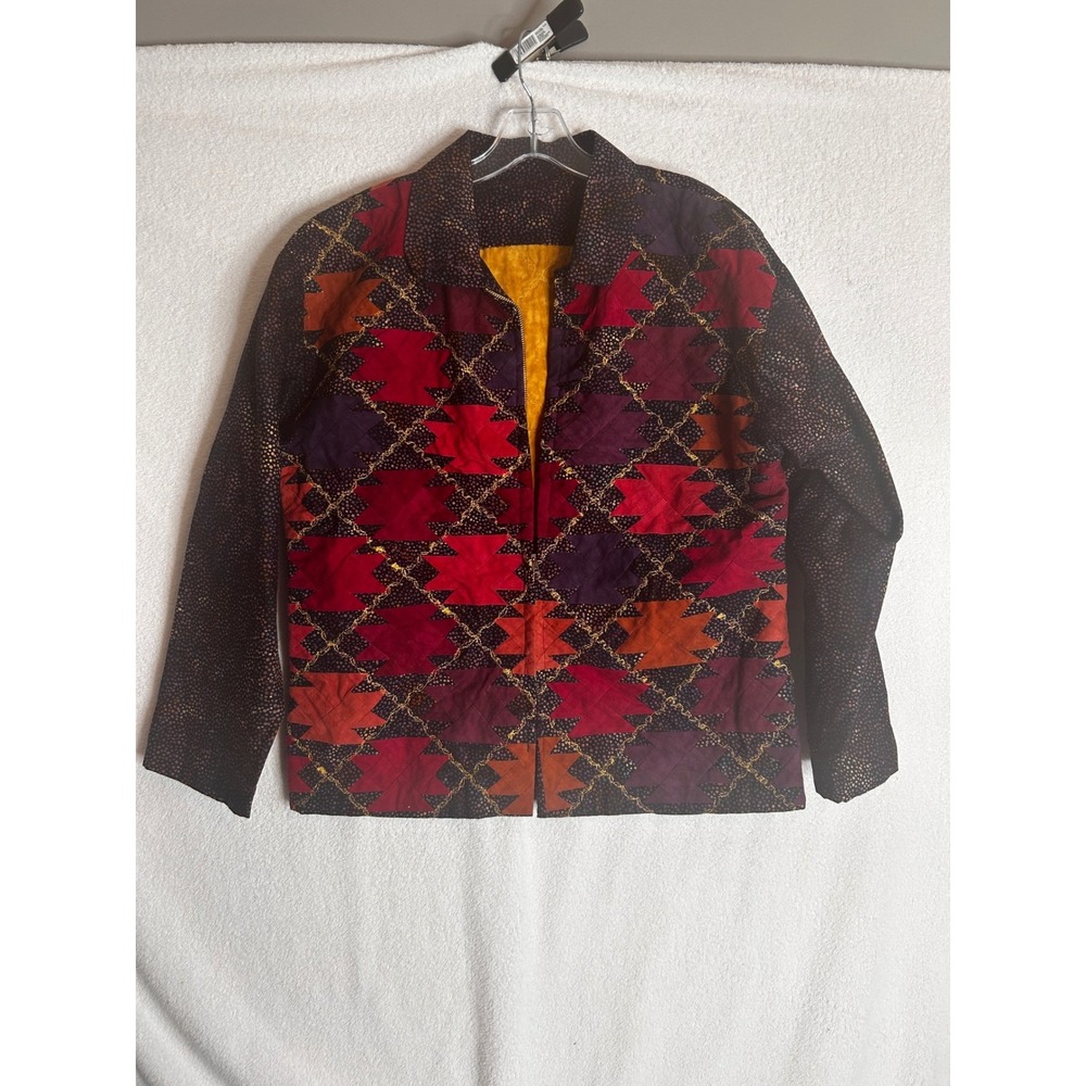 Cool Piece!Artisan Quilted Patchwork Jacket Geometric Star Batik RedPurple large